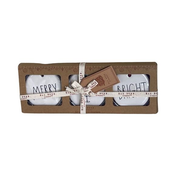 Rae Dunn Set of 3 White Christmas Ceramic Holiday Ornaments Plaid New in Box - Picture 6 of 7